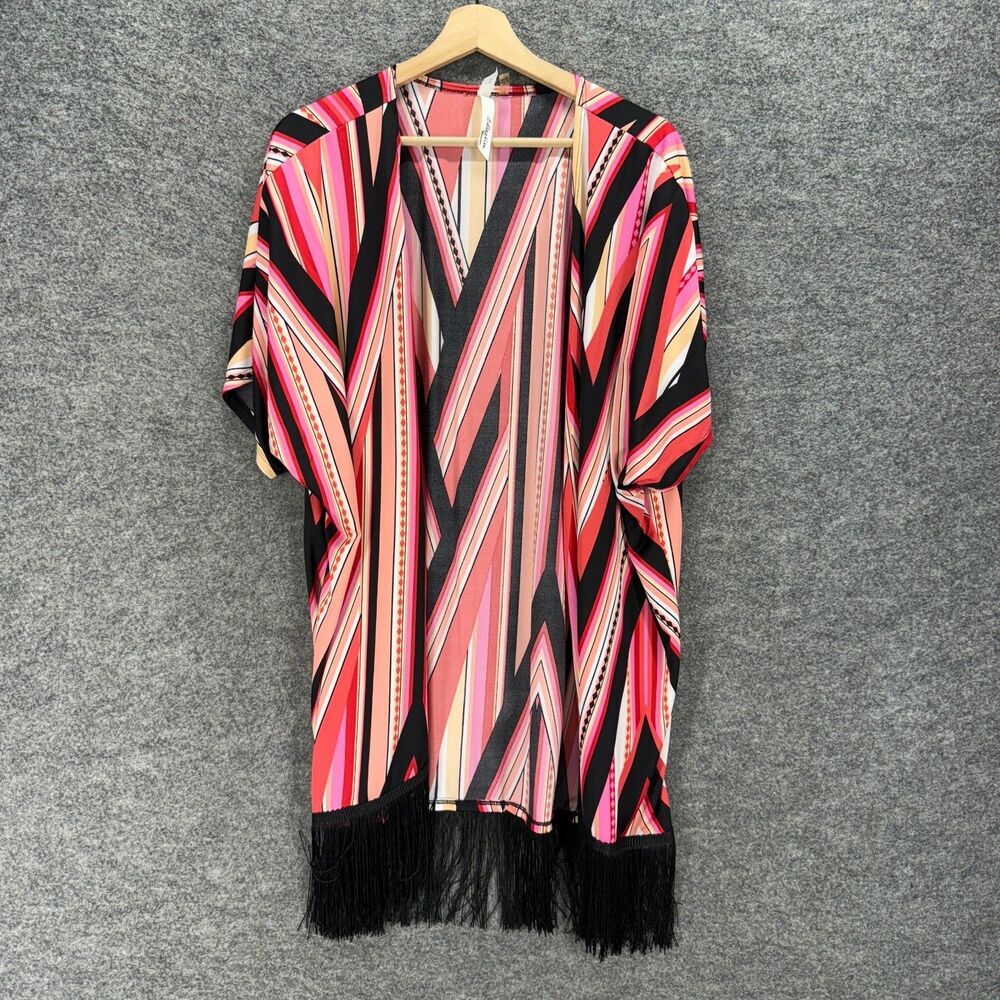 NY Collection Top Women 1X Plus Pink Striped Open Front Short Sleeve Fringe